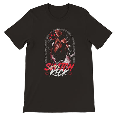 black shirt with a design of a muay thai fighter throwing a switch kick with a smile on his face and the phrase around the fighter that says Real Happiness Comes From Having A Good Switch Kick