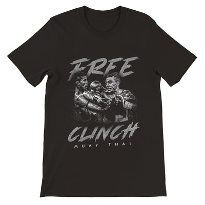 Muay Thai shirt. This t-shirt has a design of two Muay Thai fighters clinching with one of the muay thai fighters throwing an elbow in the clinch. The design also contains the phrase Free Clinch and has the words Muay Thai at the bottom of the design