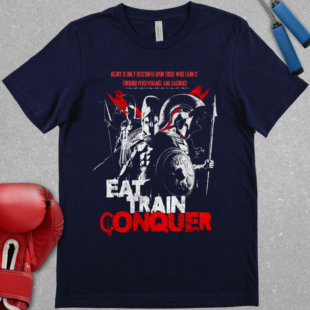 Navy shirt with a design of 3 spartan warriors and the words EAT TRAIN CONQUER.