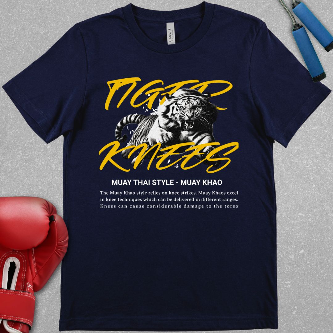 Navy shirt with a design that has a tiger and says Tiger Knees. There is also text explaining the Muay Khao style of Muay Thai