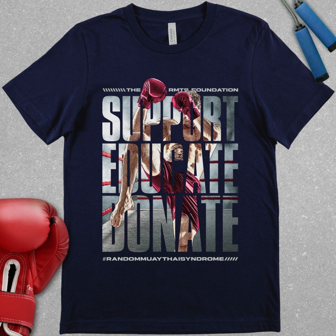 Navy shirt with a design of a Muay Thai fighter with the words "The RMTS foundation - support, educate, donate - Random Muay Thai Syndrome.