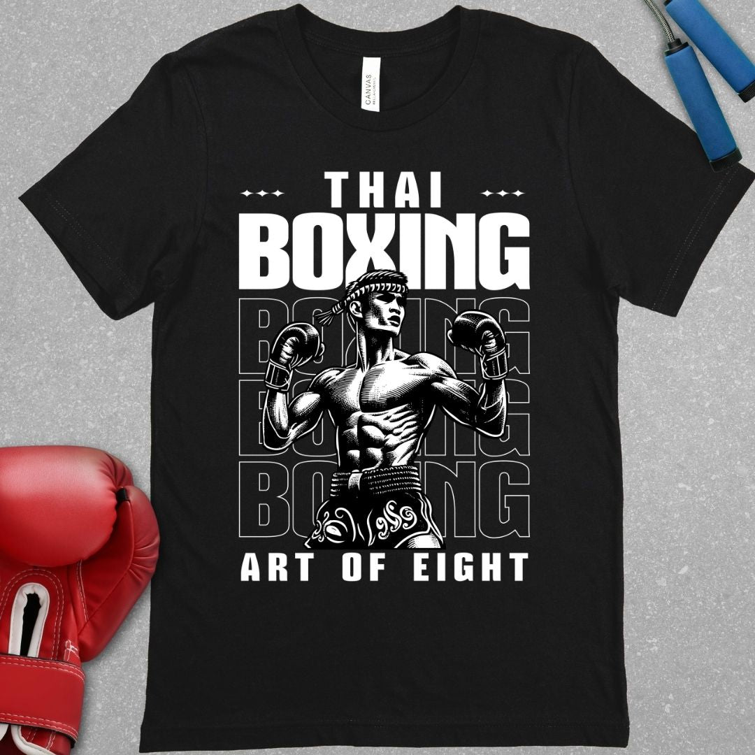 Black shirt with a design that has a picture of a muay thai fighter and it says Thai Boxing
