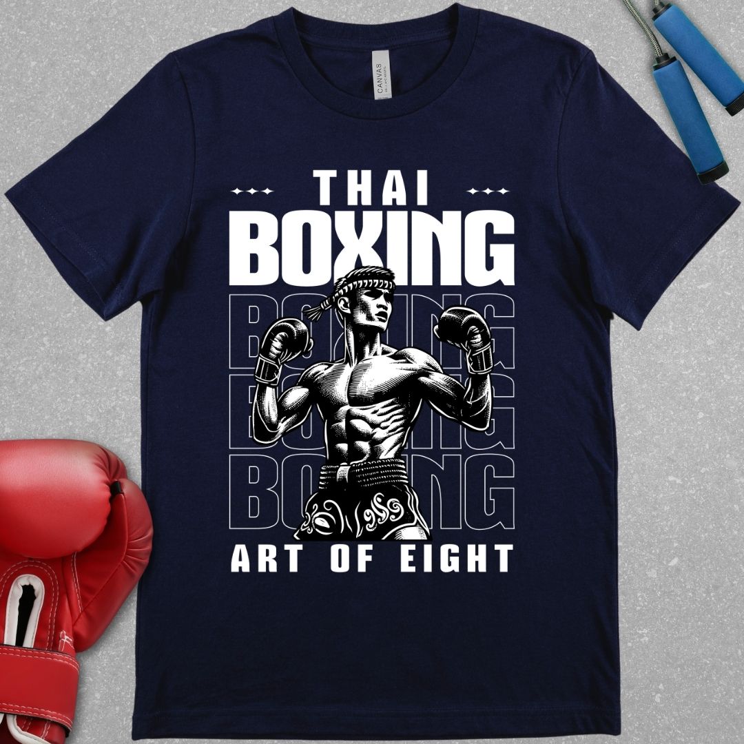 Navy shirt with a design that has a picture of a muay thai fighter and it says Thai Boxing