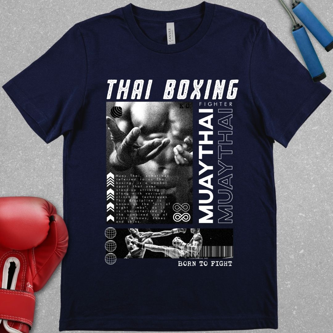 Navy shirt with a design that includes the words Thai Boxing at the top and Muay Thai down the sides. The T-shirt also has a picture that is a close-up of a Muay Thai fighters wrapped hands and at the bottom there is a small picture of two Muay Thai fighters in battle.