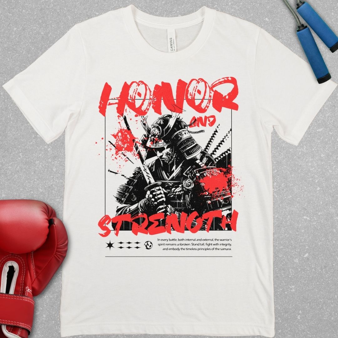 White shirt with a picture of a Samurai and the words Honour and Strength.