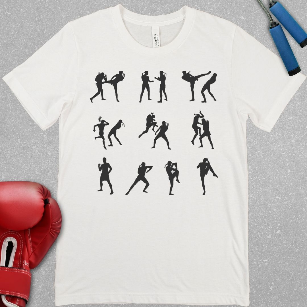 White shirt with 10 black silhouettes of muay thai fighters striking.