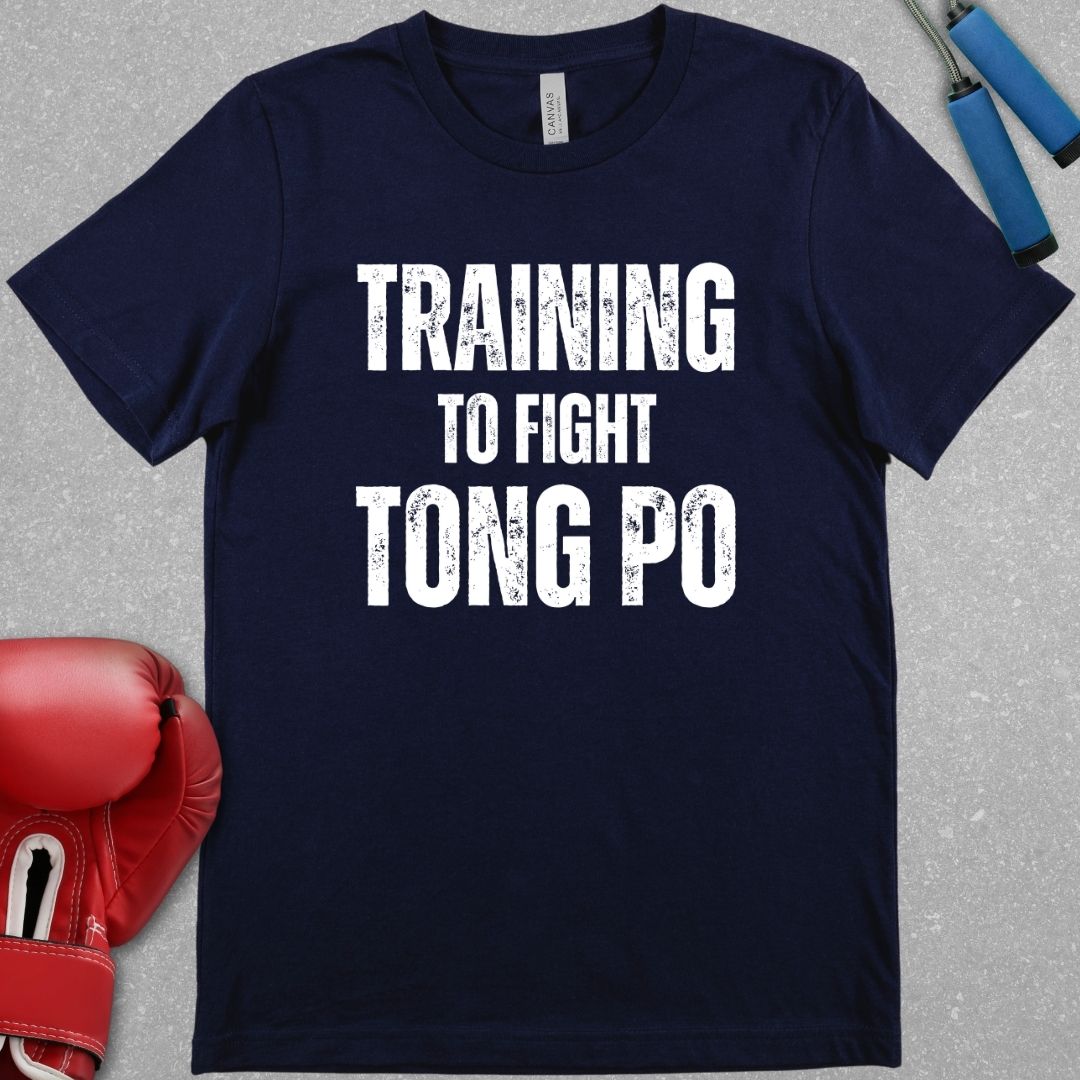 Navy shirt with a design that says Training To Fight Tong Po