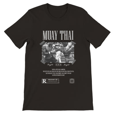 Muay Thai shirt design with a picture of two muay thai fighters fighting each other. Below the picture is the words Fight Night and the phrase - Martial arts is like a mountain, you see the top, and you hike and you climb, and you finally reach the peak, and you realize it was a false summit, and in front of you lies an entire new mountain range