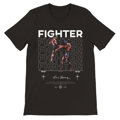 Muay Thai shirt with a design of a muay thai fighter throwing a knee to another muay thai fighter. The word fighter is highlighted on the shirt and the words Thai Boxing are also on the shirt underneath the picture of the muay thai fighters.