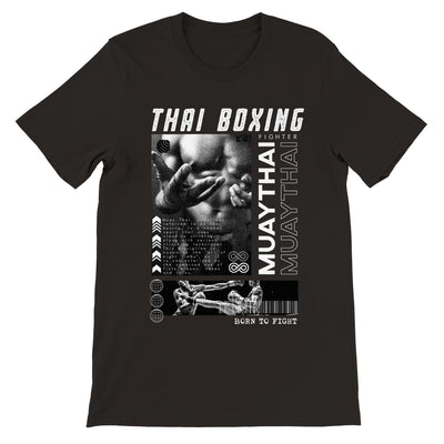 Muay Thai shirt that with a design that includes the words Thai Boxing at the top and Muay Thai down the sides. The T-shirt alsi has a picture that is a close-up of a muay thai fighters wrapped hands and also has a picture at the bottom of the design of two muay thai fighters in battle