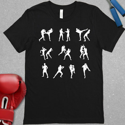 Black shirt with 10 white silhouettes of muay thai fighters striking. 